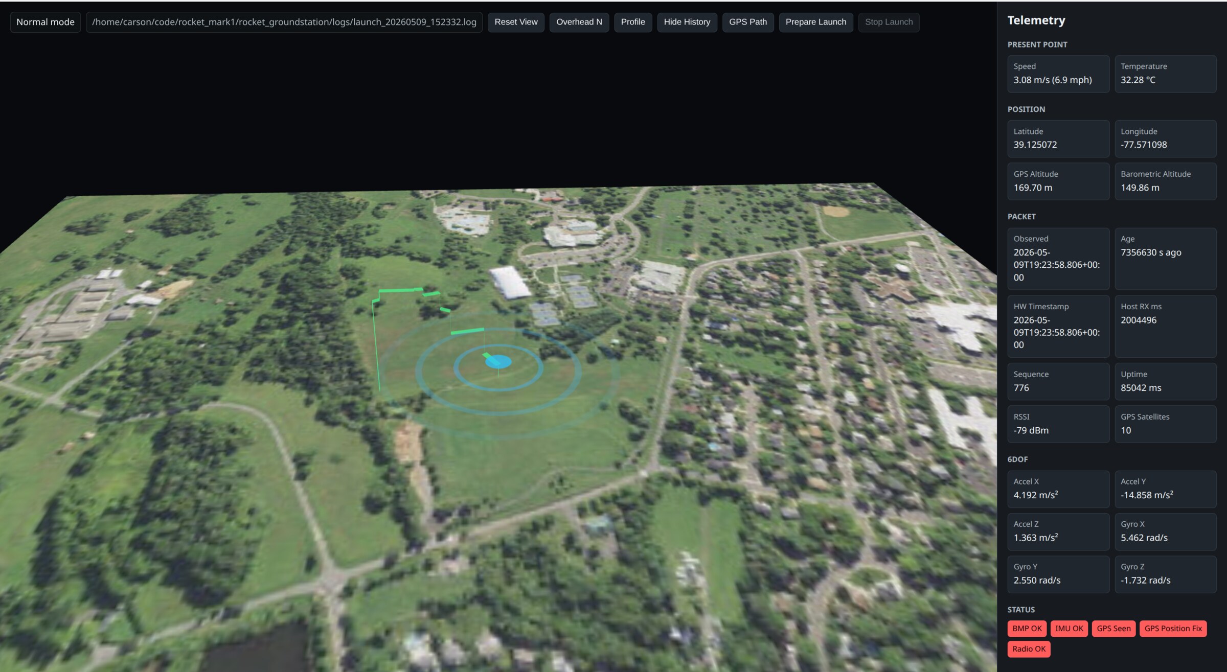 Rocket Ground Station software: 3D terrain map with flight path and a live telemetry panel